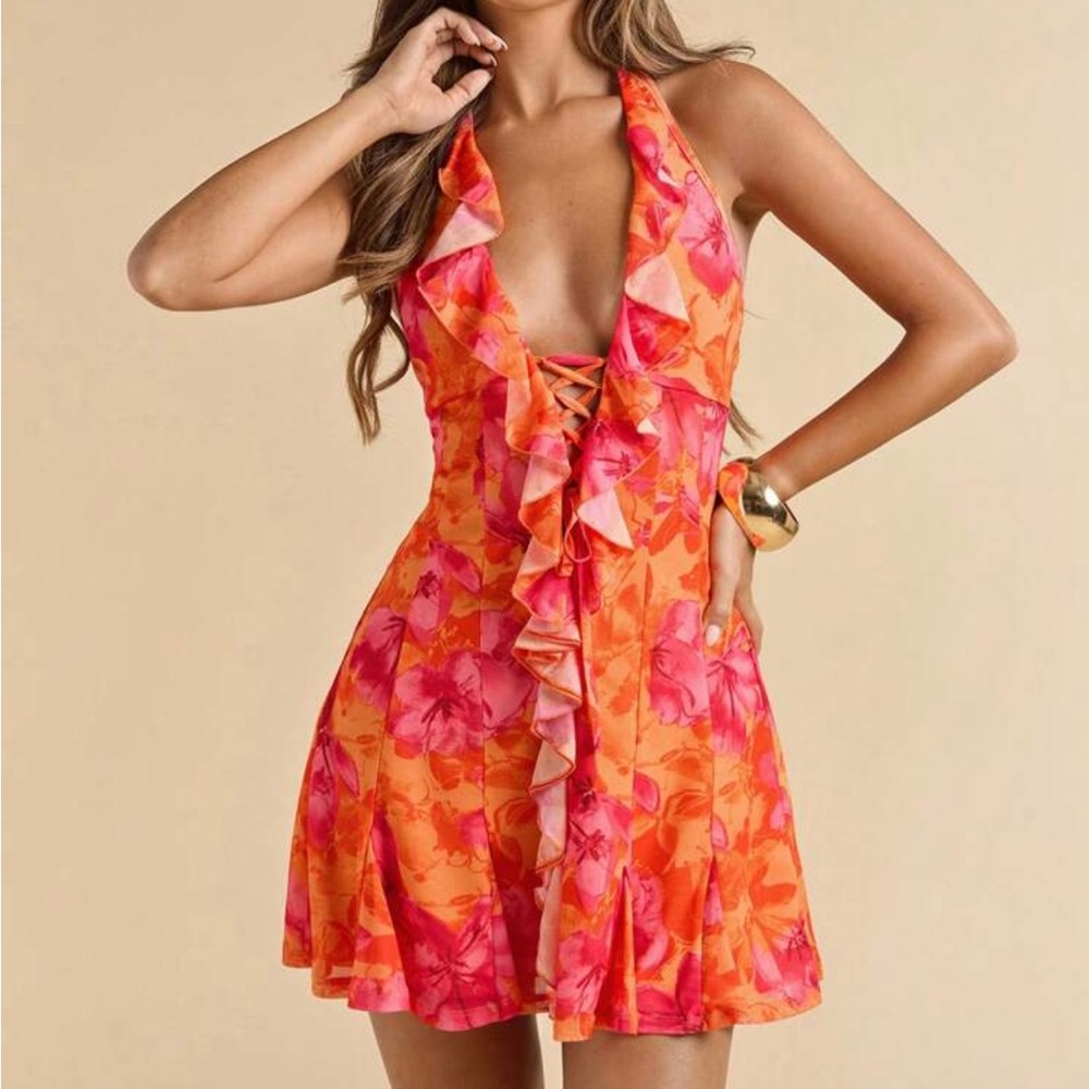 SHEIN Vibrant Orange and Pink Mini Dress with Flirty A-Line